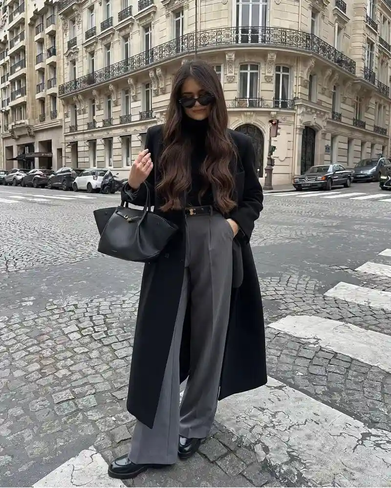 Longline Black Coat With Grey Wide-Leg Trousers