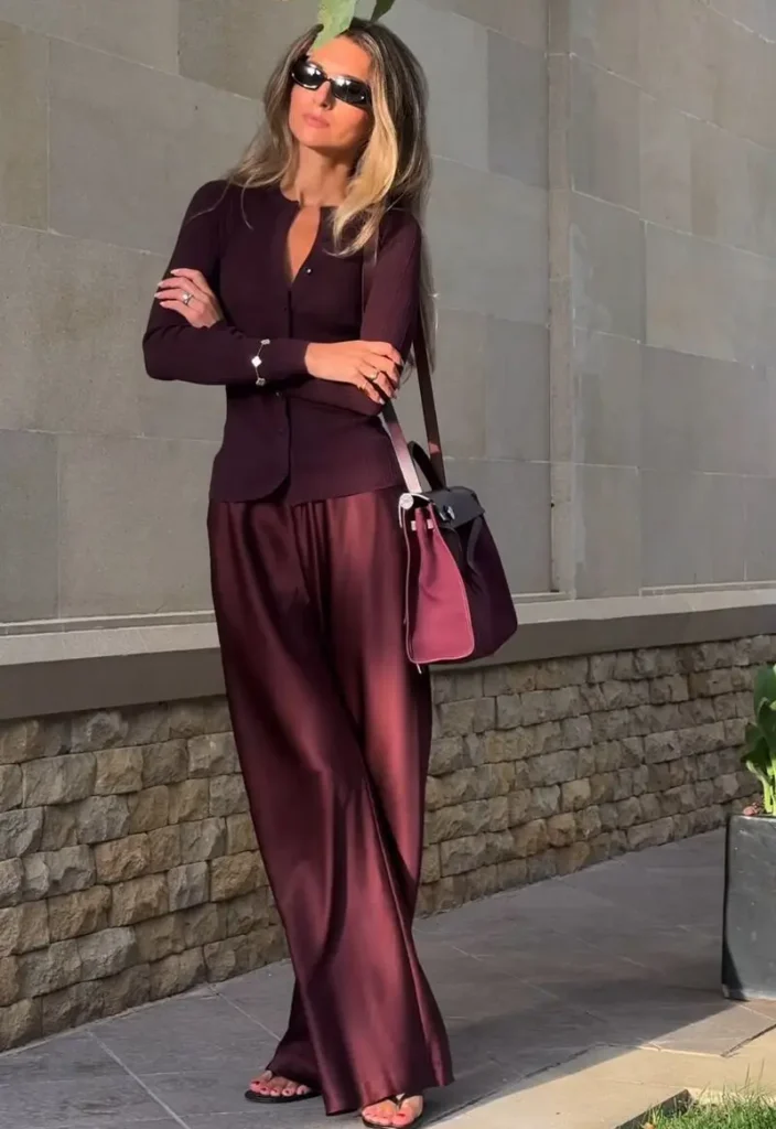  Merlot Cardigan With Satin Wide-Leg Trousers