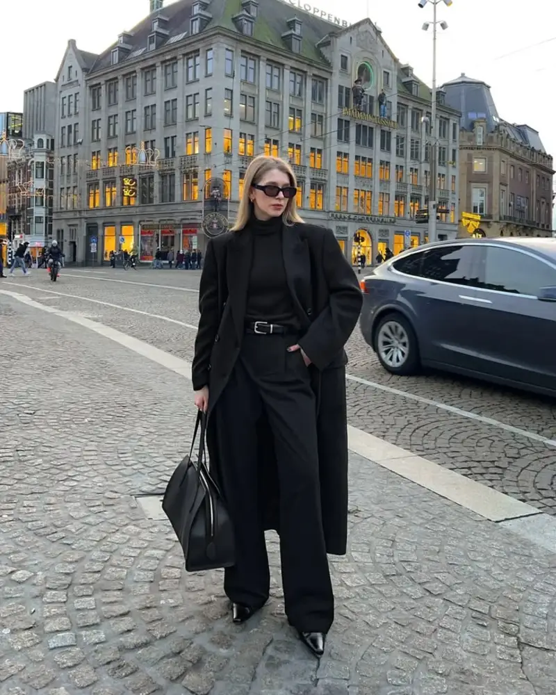 Monochrome Black Coat With Wide-Leg Trousers