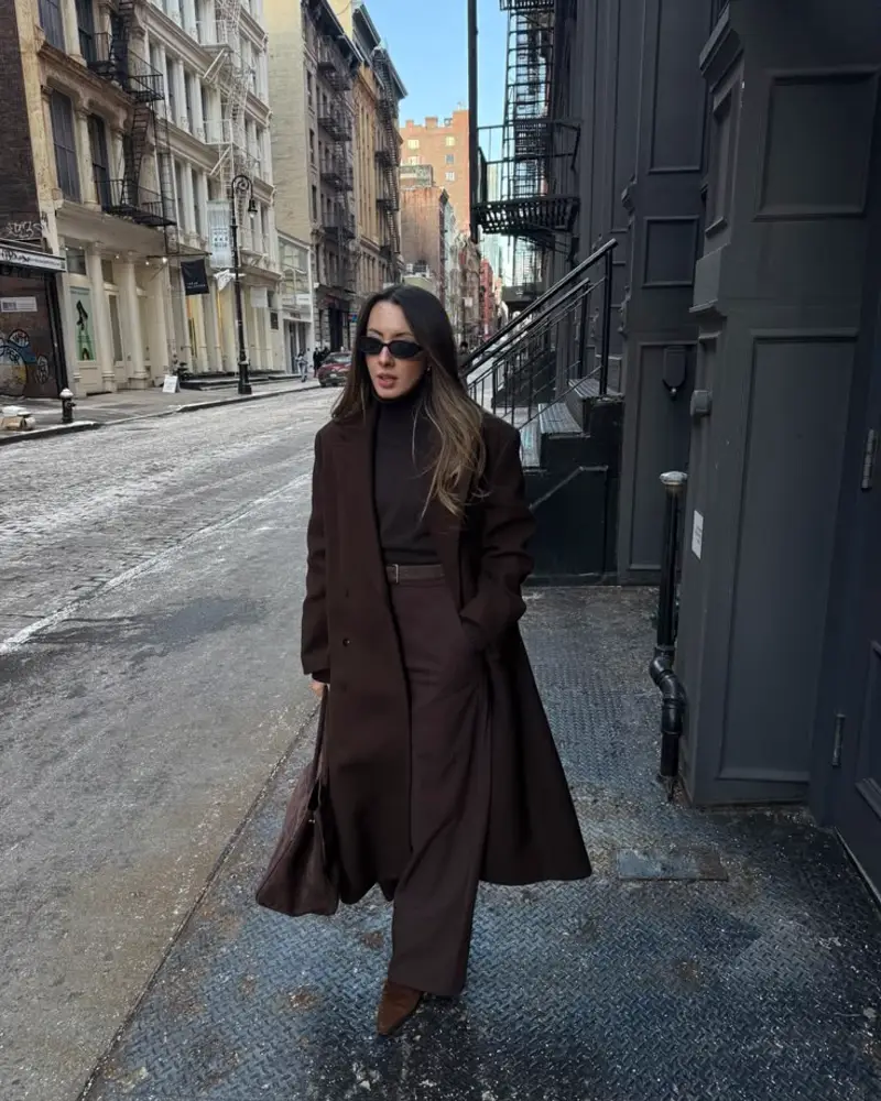 Monochrome Chocolate Coat With Wide-Leg Trousers