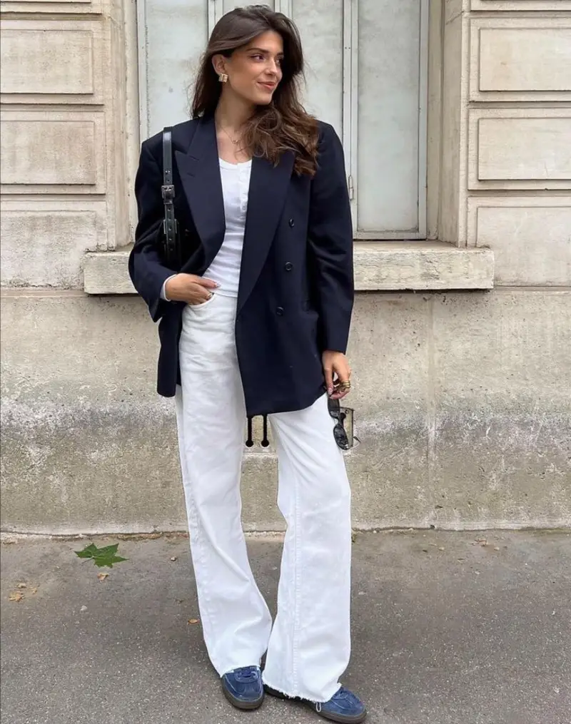 Navy Blazer With White Wide-Leg Trousers