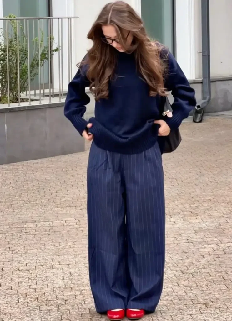 Navy Knit With Pinstripe Wide-Leg Trousers