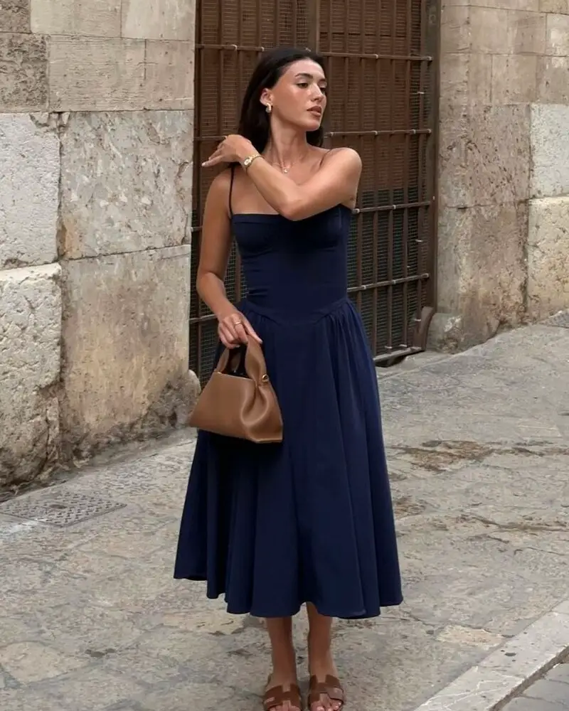 Navy Midi Dress With Brown Accessories