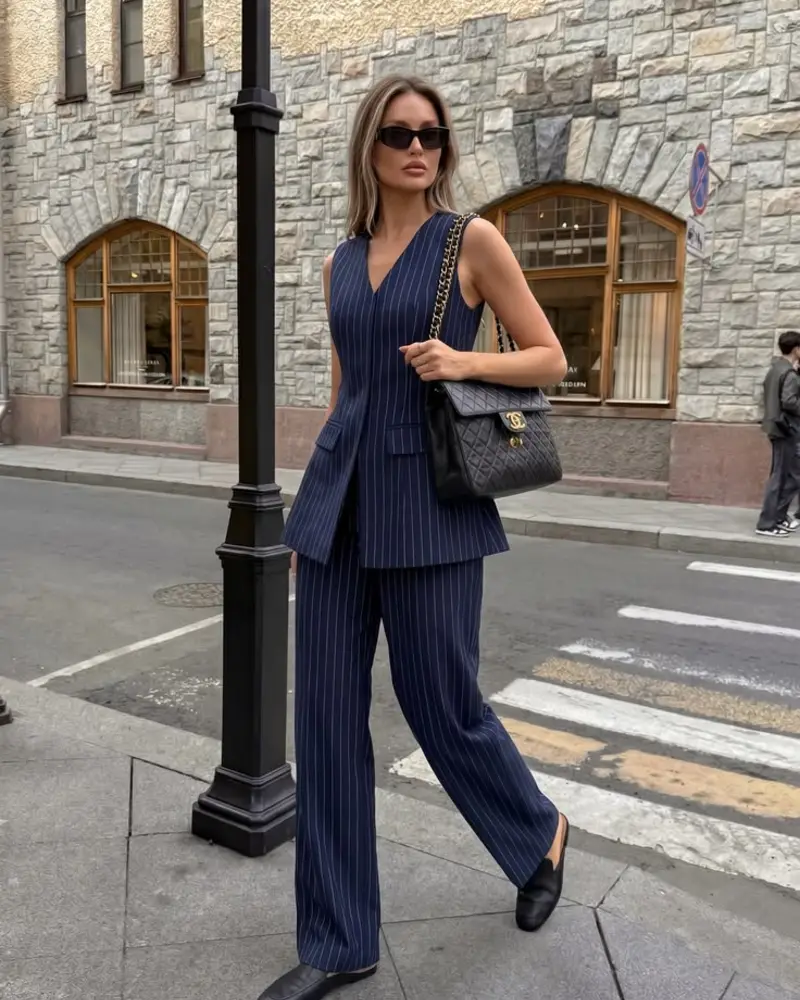 Navy Pinstriped Longline Vest Set