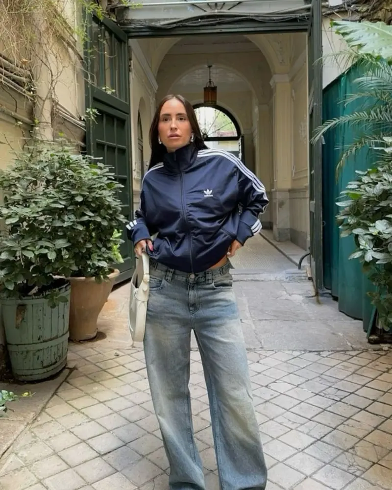 Navy Track Jacket With Wide Leg Jeans
