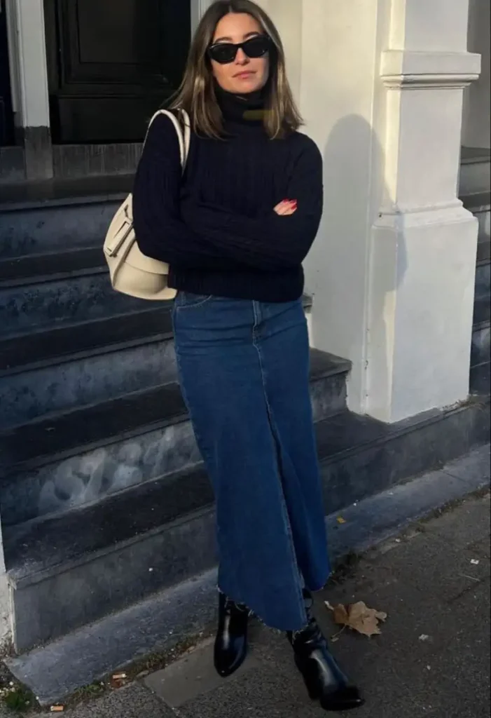 Navy Turtleneck With a Denim Maxi Skirt