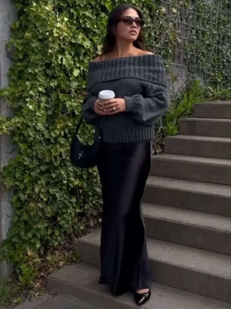 Off-Shoulder Sweater With a Black Maxi Skirt