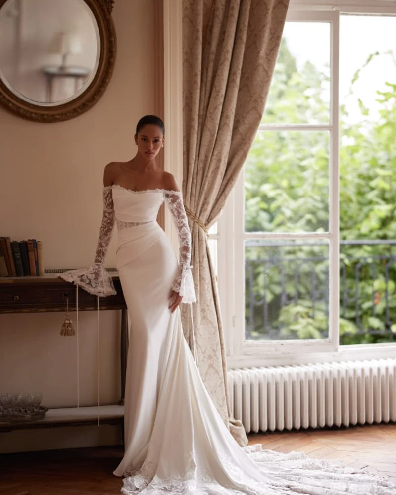 Off-the-Shoulder Gown With Lace Bell Sleeves
