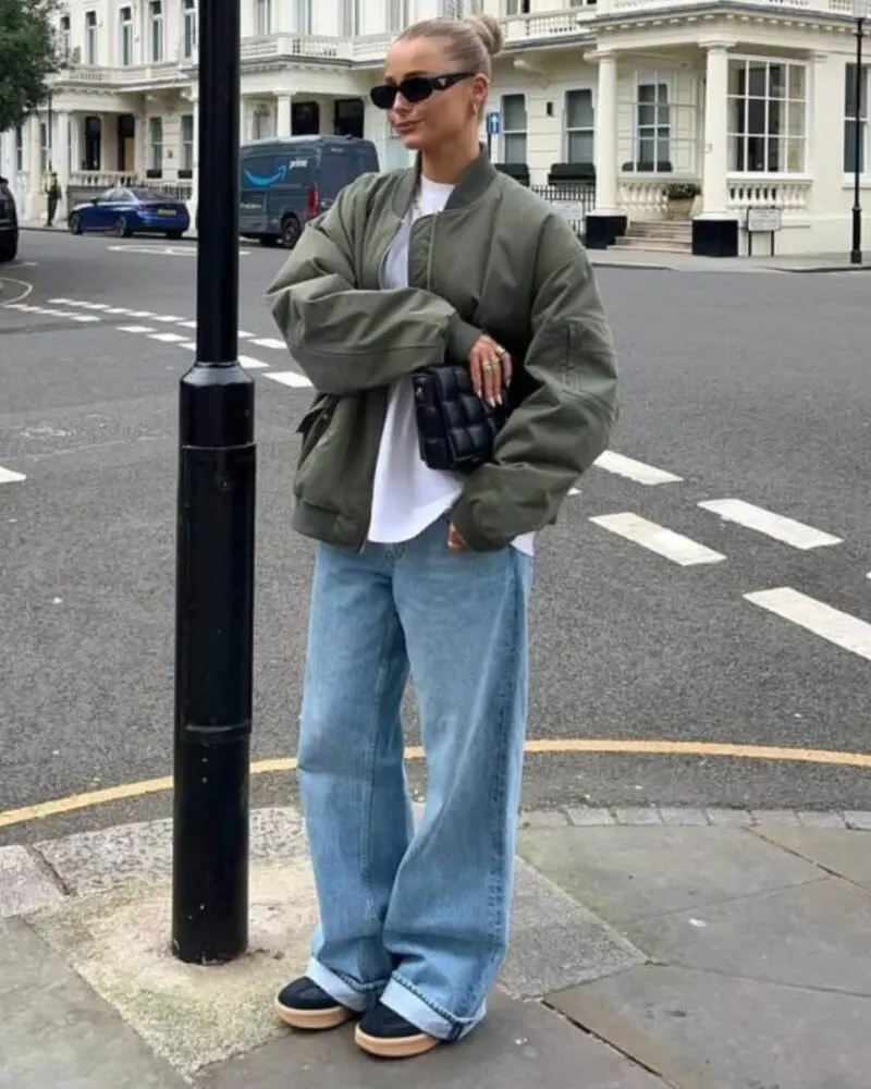  Olive Bomber Jacket With Baggy Jeans