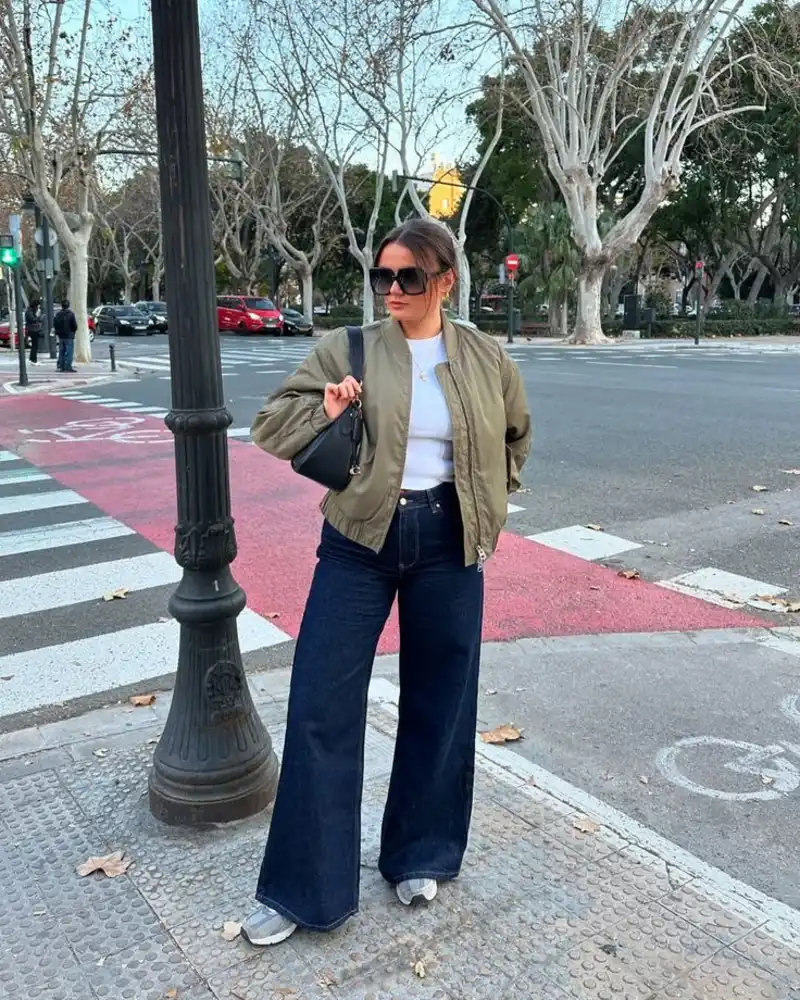  Olive Bomber Jacket With Wide-Leg Jeans