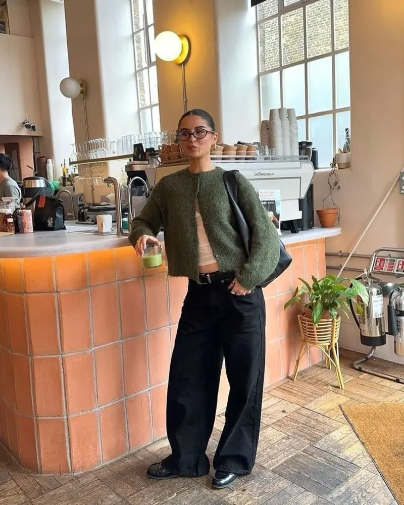 Olive Cardigan With Black Wide-Leg Jeans