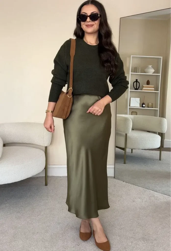  Olive Satin Skirt With a Forest-Green Knit