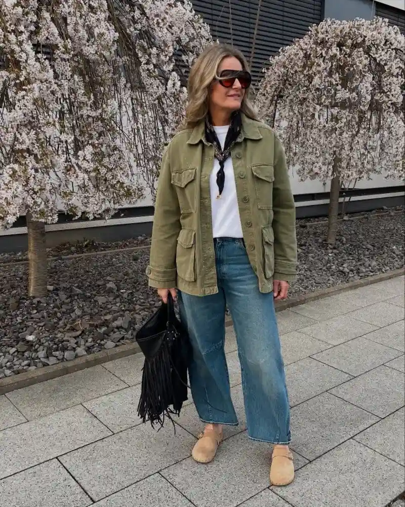 Olive Utility Jacket With Barrel Jeans