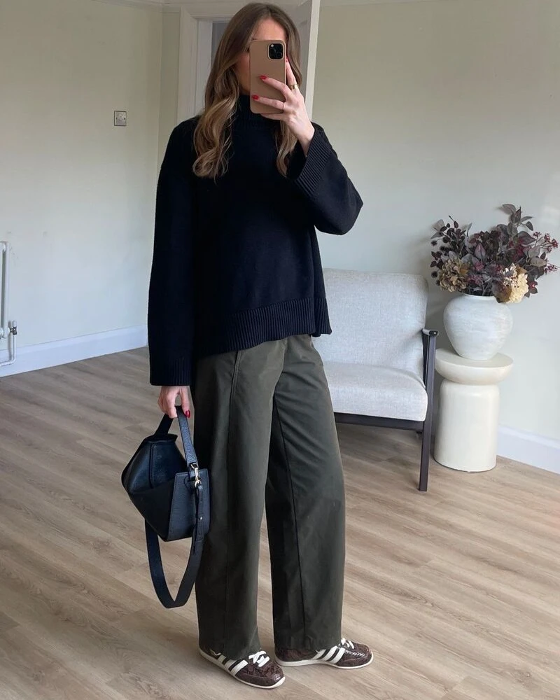 Oversized Black Knit With Olive Trousers