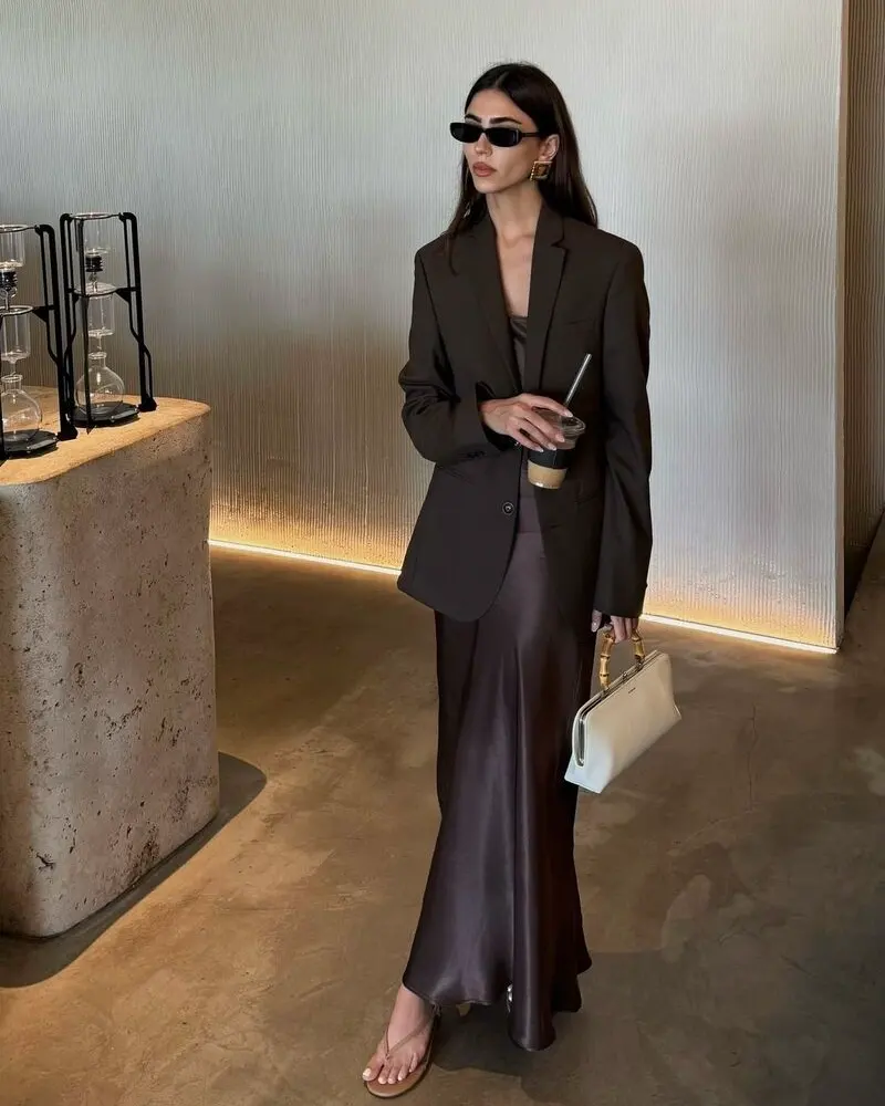 Oversized Blazer With a Satin Maxi Skirt