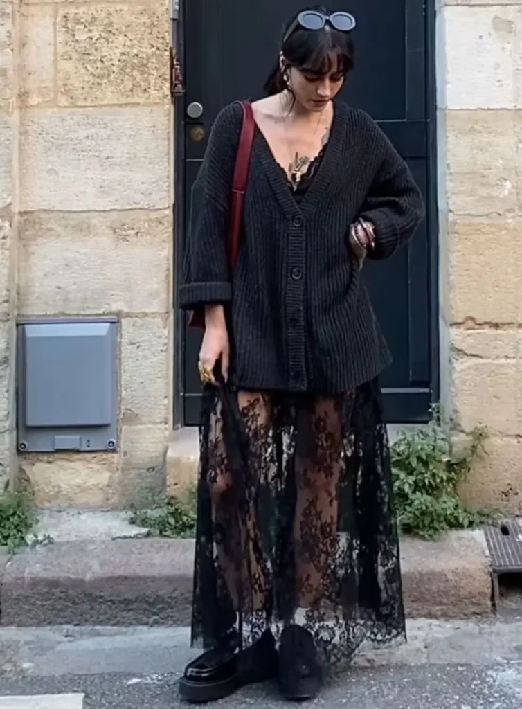  Oversized Cardigan With a Black Lace Dress