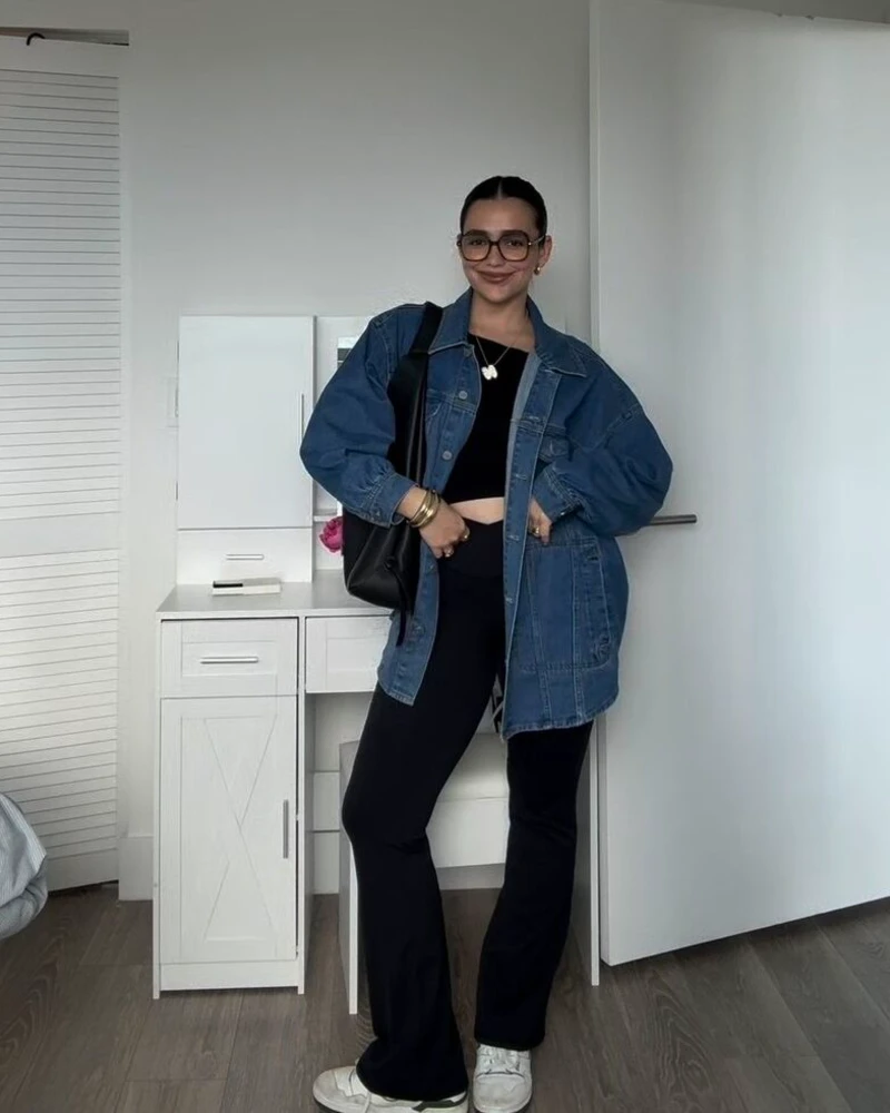  Oversized Denim Jacket With Black Flared Pants