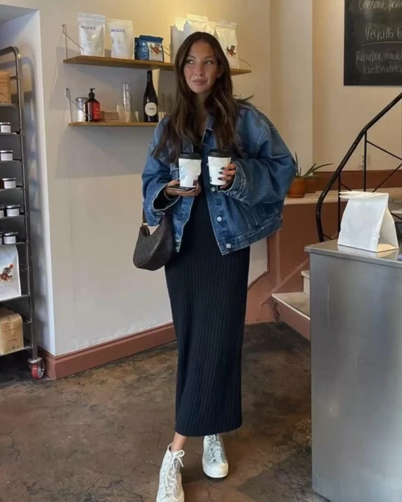 Oversized Denim Jacket With a Column Dress