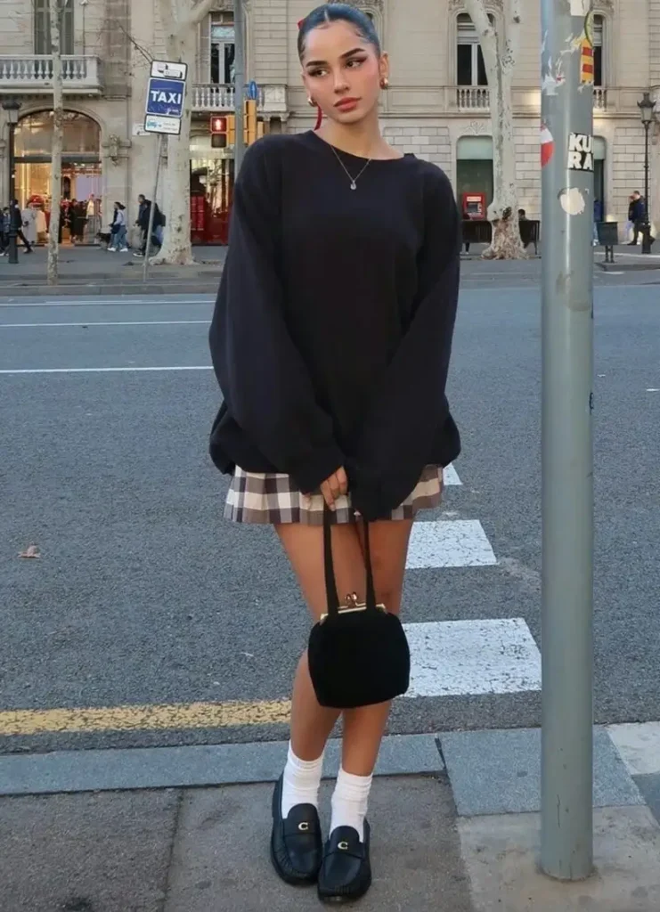 Oversized Sweatshirt With a Plaid Mini Skirt and Loafers