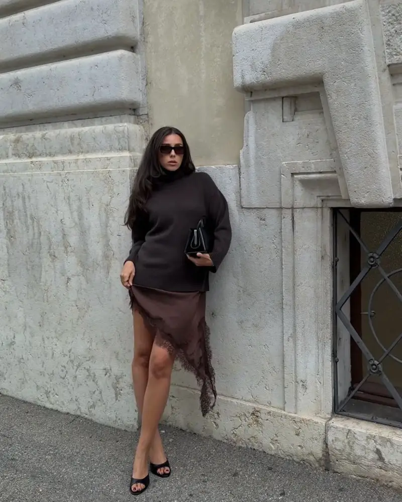  Oversized Turtleneck With a Lace Slip Skirt