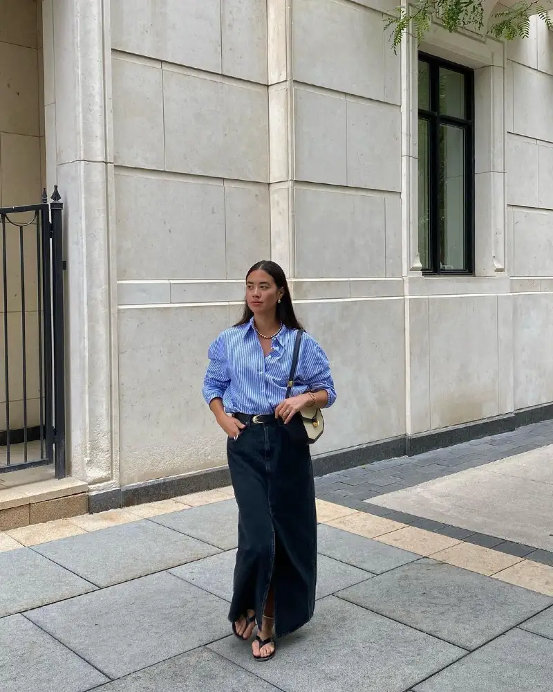 Oxford Shirt With a Dark Denim Midi Skirt