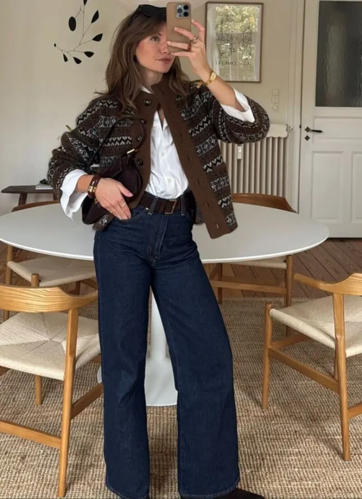 Patterned Cardigan and Dark Jeans