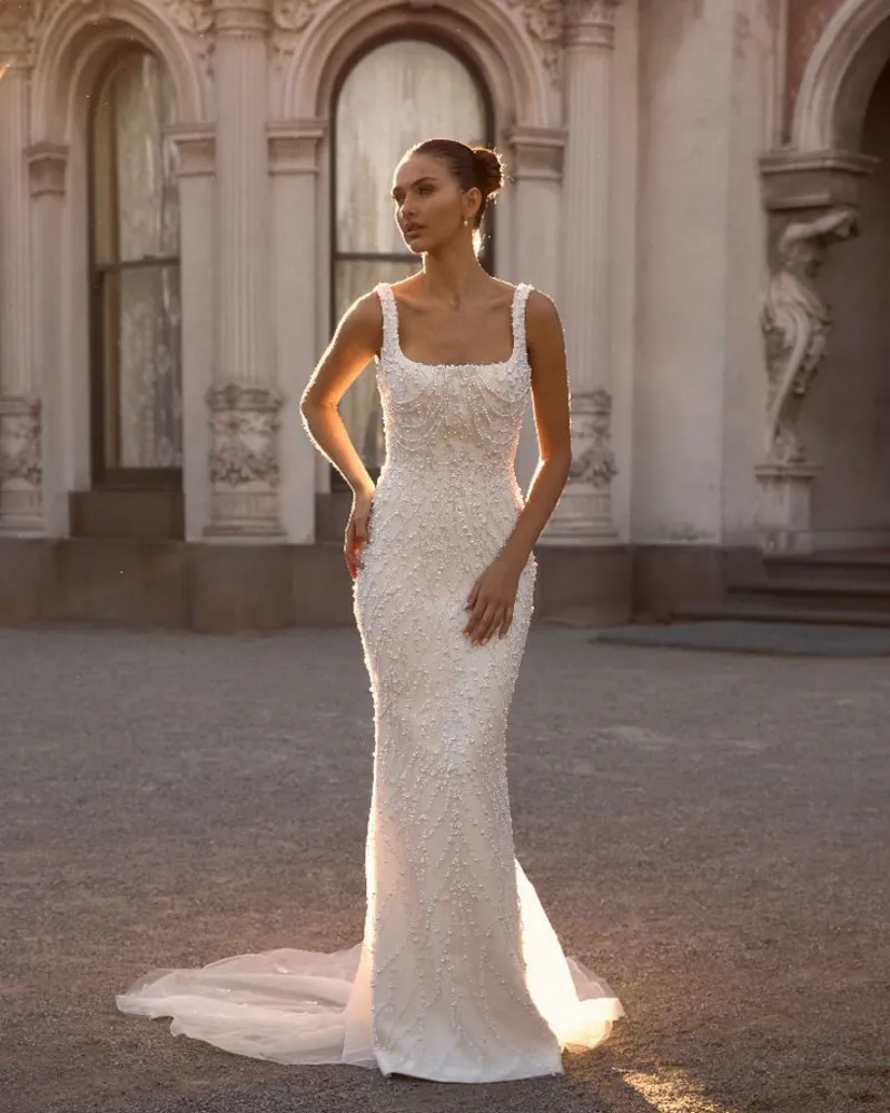 Pearl-Beaded Square-Neck Column Gown