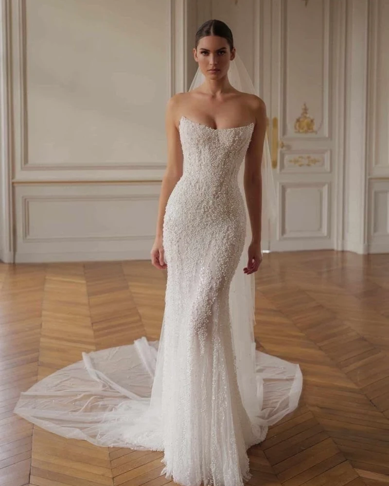 Pearl-Embellished Strapless Mermaid Gown