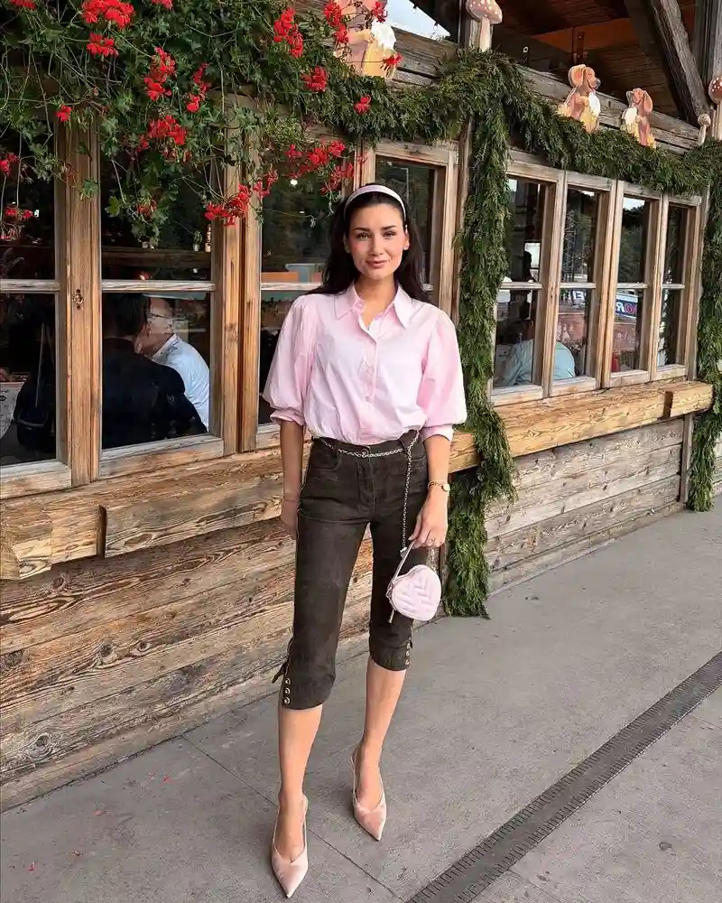 Pink Blouse and Knee-Length Lederhosen