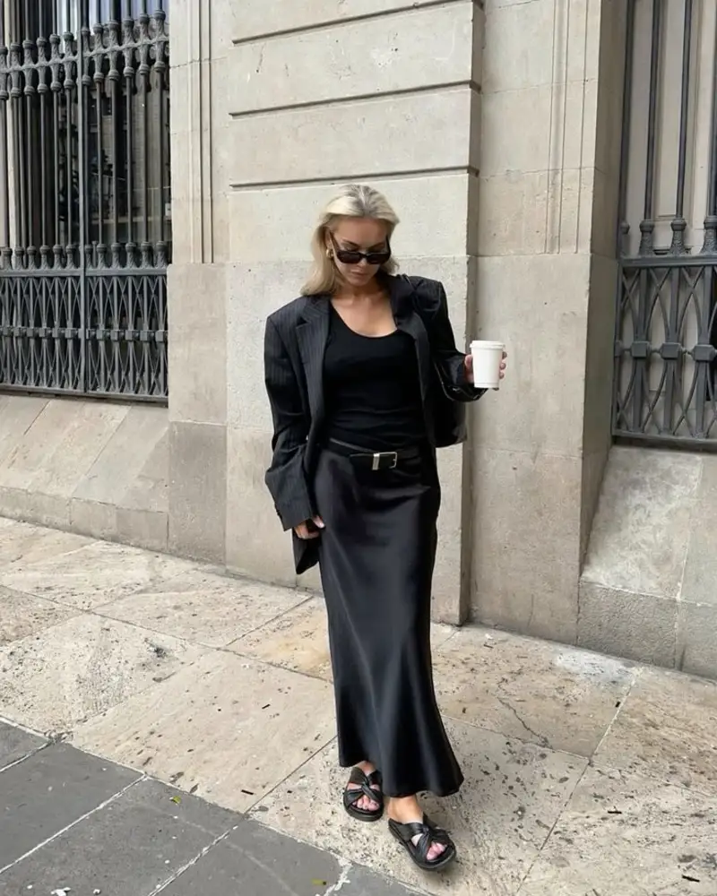 Pinstripe Blazer + Satin Slip Skirt