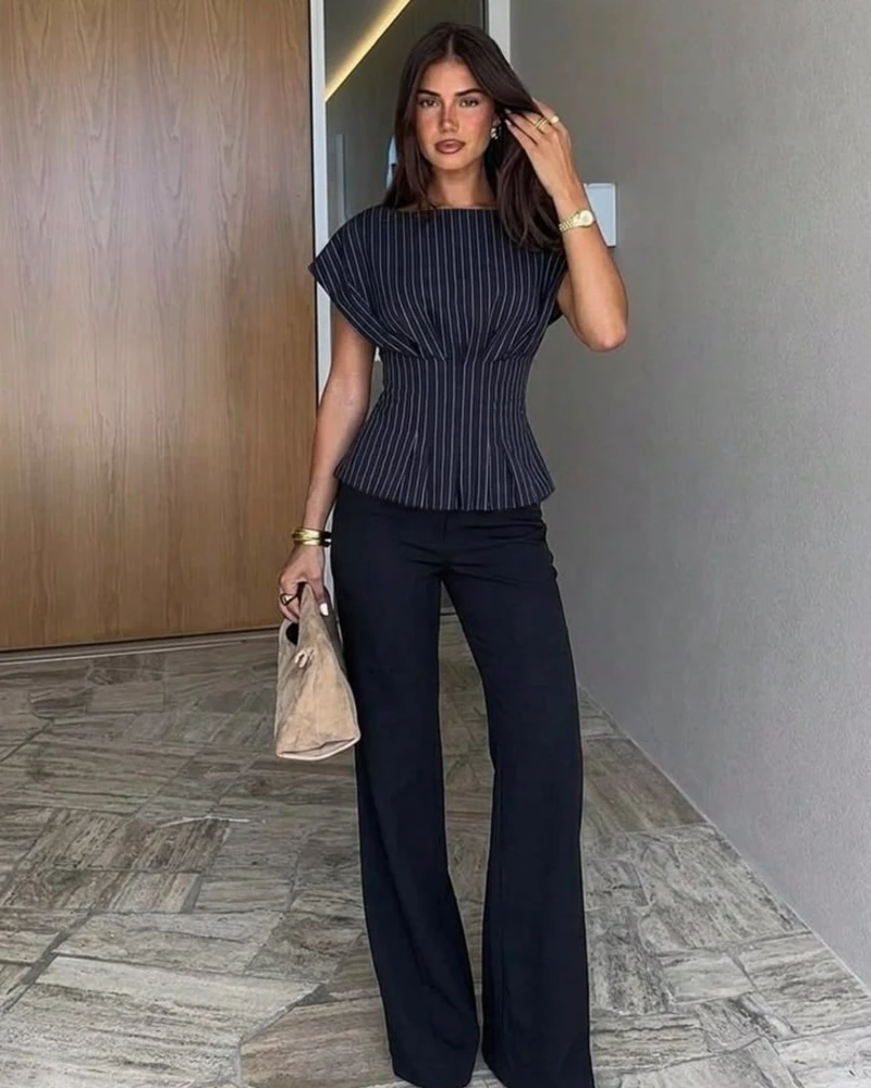  Pinstriped Peplum Top With Black Trousers