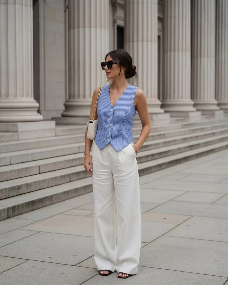Pinstriped Vest and Cream Trousers