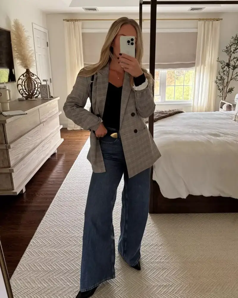 Plaid Blazer With Wide-Leg Denim