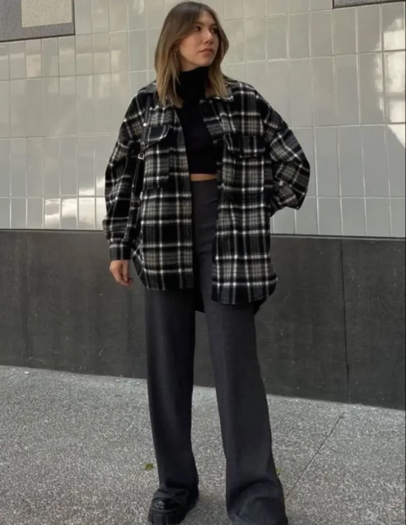  Plaid Overshirt With a Black Turtleneck and Wide Leg Pants