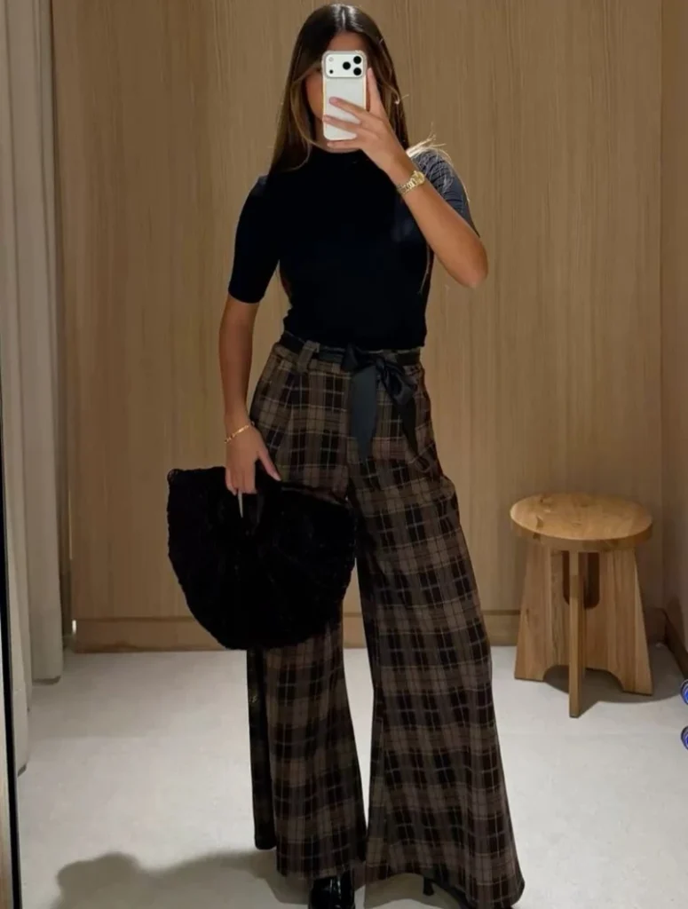Plaid Wide-Leg Trousers and a Black Knit Top