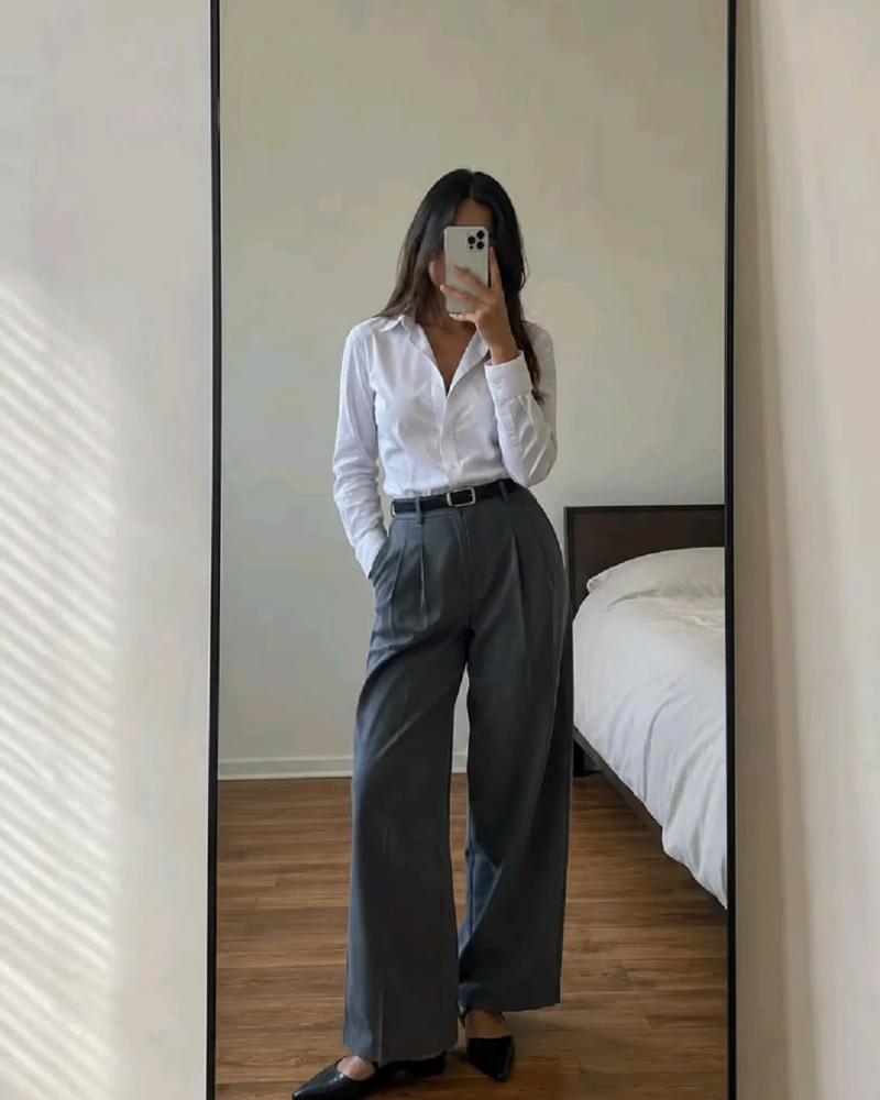  Pleated Grey Trousers + Crisp White Shirt