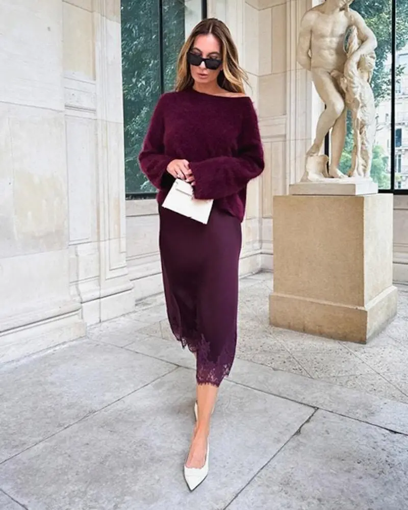  Plum Sweater With a Lace-Trim Satin Skirt