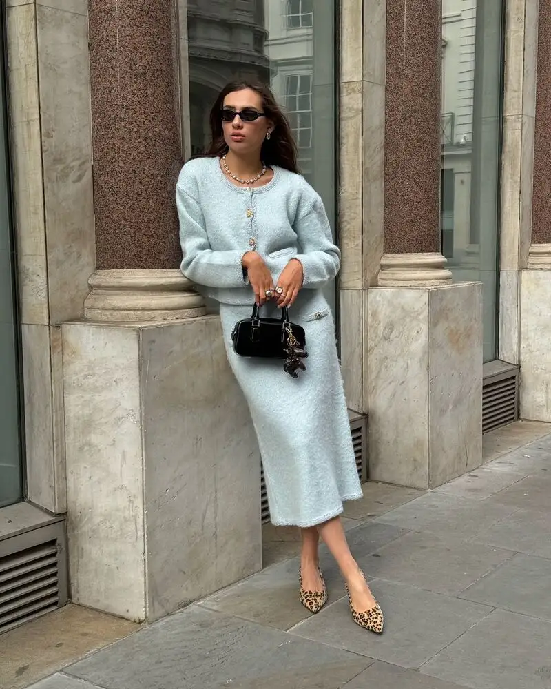 Powder-Blue Knit Set With Leopard Pumps