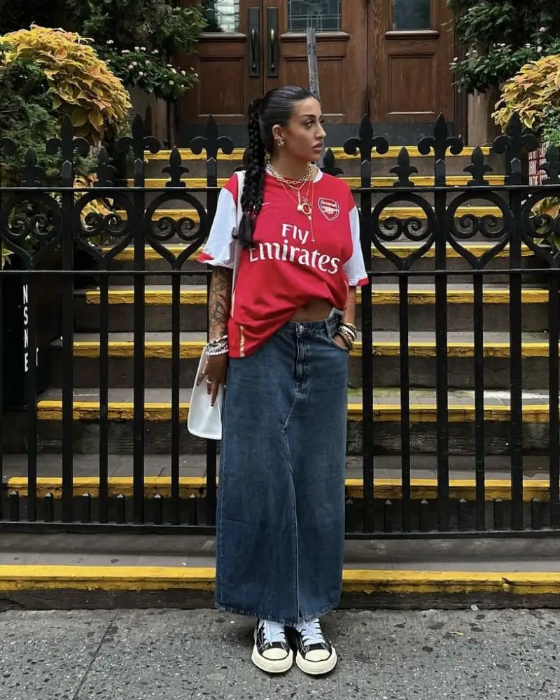 Red Soccer Jersey With a Denim Midi Skirt