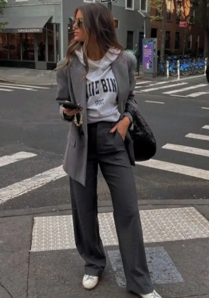 Relaxed Blazer Over a Graphic Hoodie