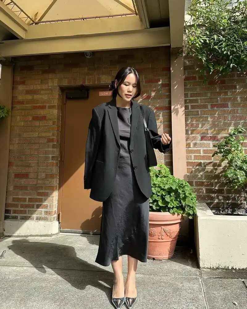 Satin Midi Dress With a Structured Blazer
