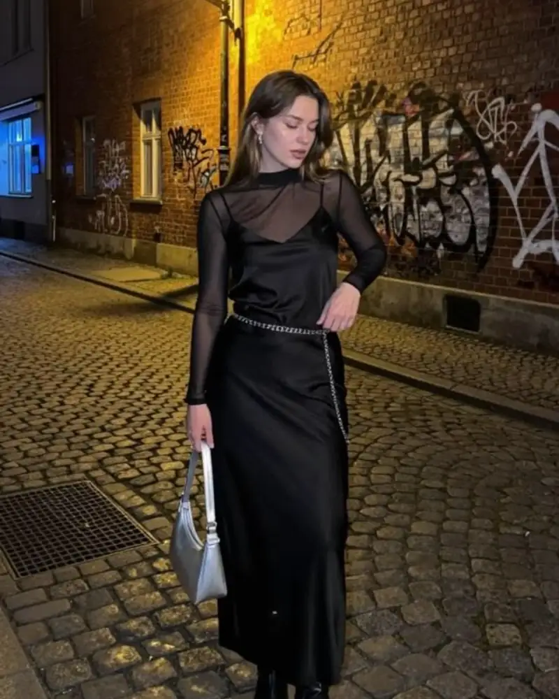 Satin Slip Dress Over a Sheer Top