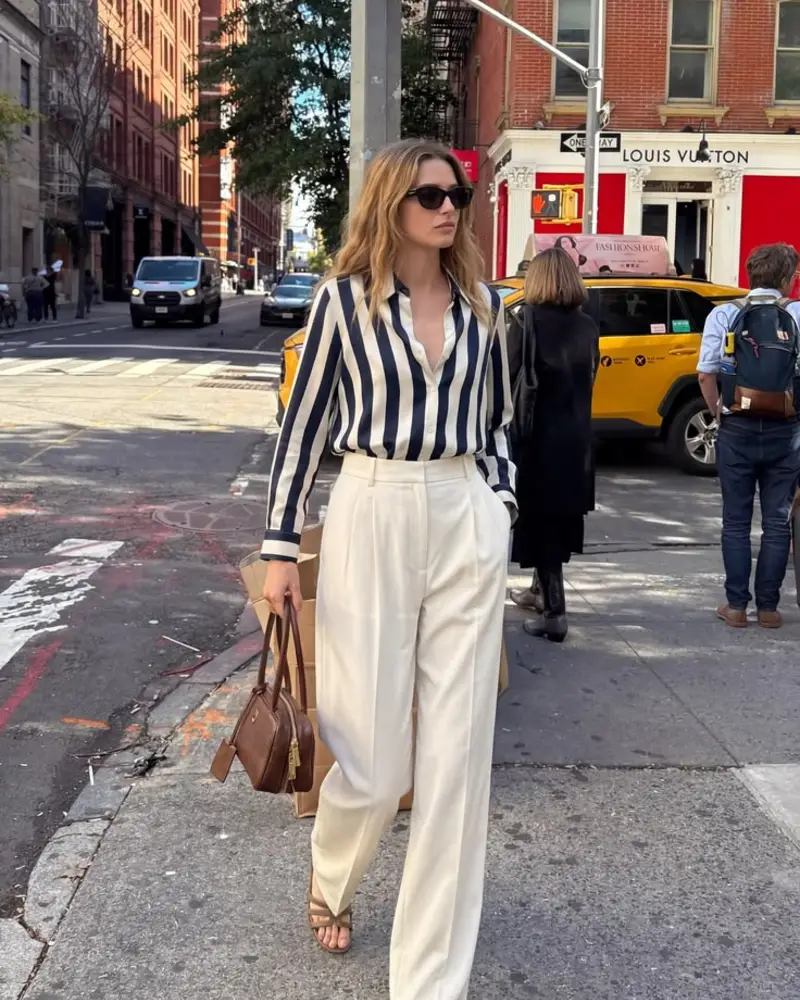 Silk-Style Striped Blouse + Tailored Trousers