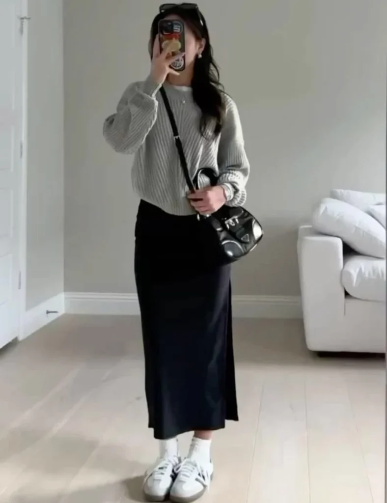 Soft Grey Knit With a Black Midi Skirt