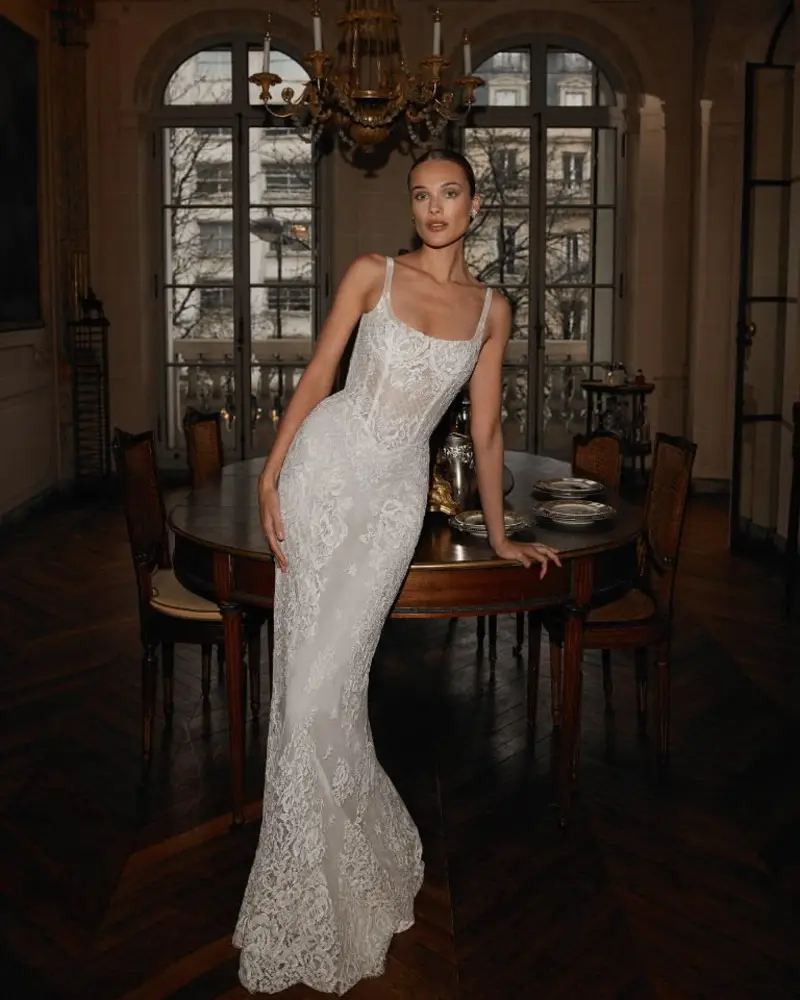Square-Neck Lace Column Wedding Gown