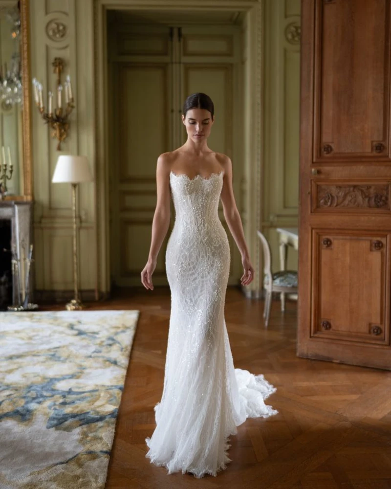 Strapless Beaded Lace Mermaid Gown