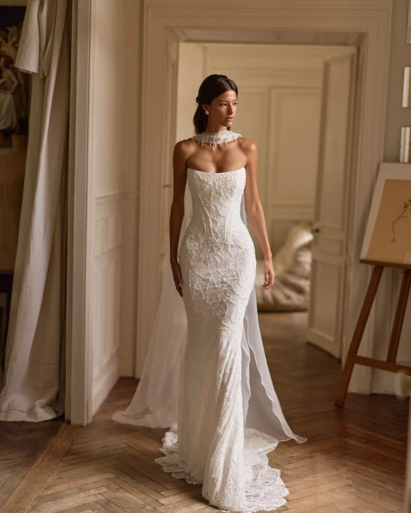 Strapless Lace Mermaid Gown With a Bridal Scarf