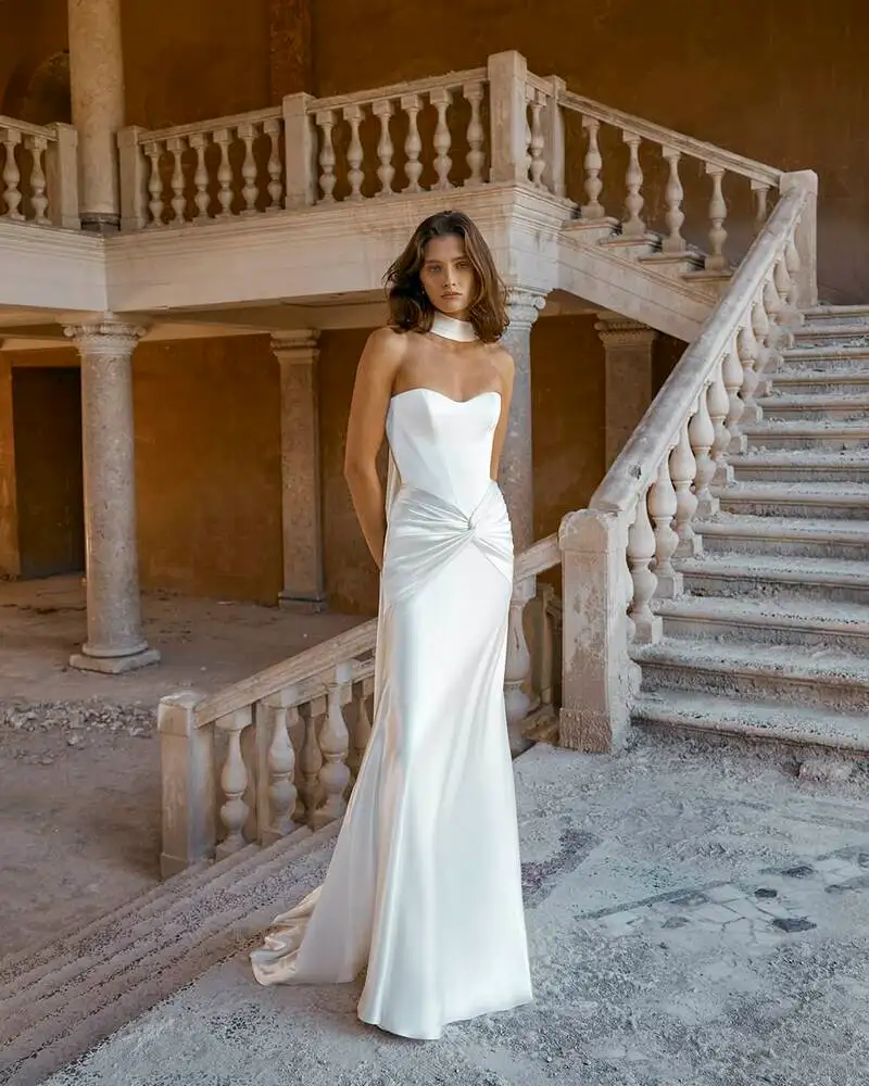 Strapless Satin Column Gown With a Draped Waist