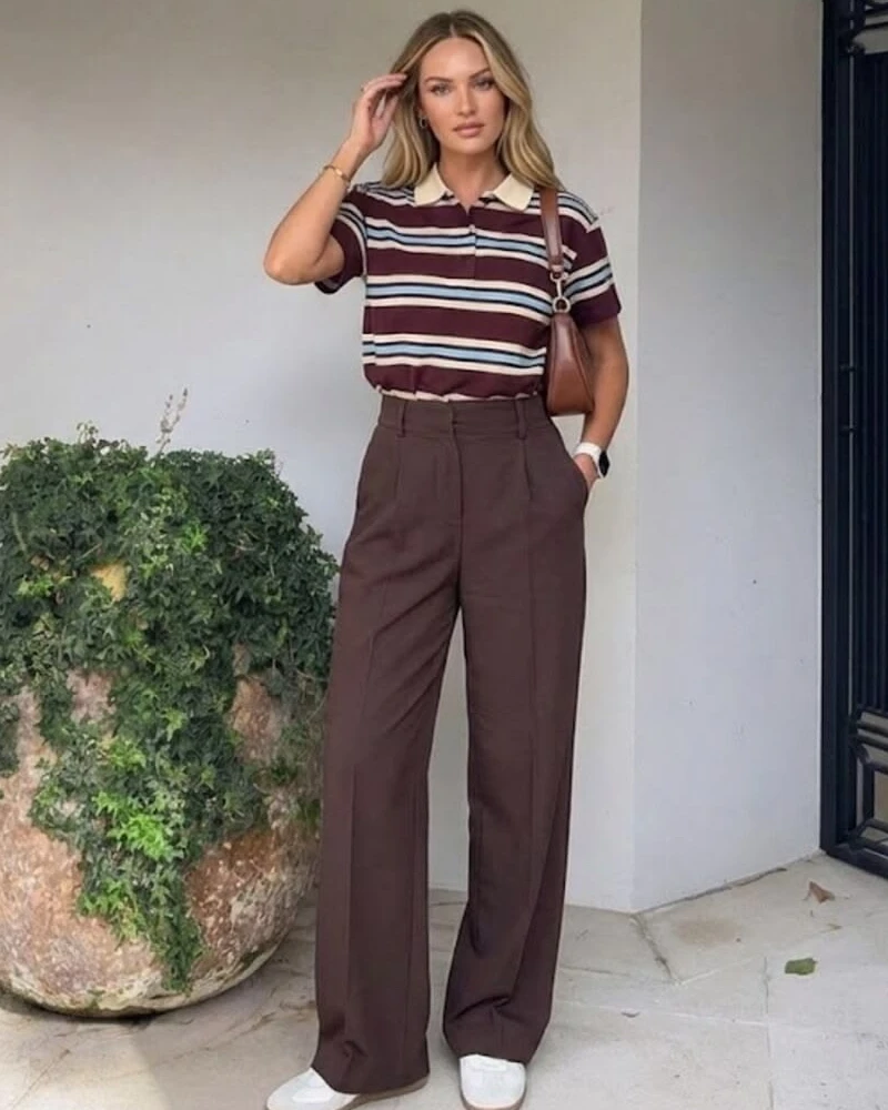 Striped Knit Polo With Brown Tailored Trousers
