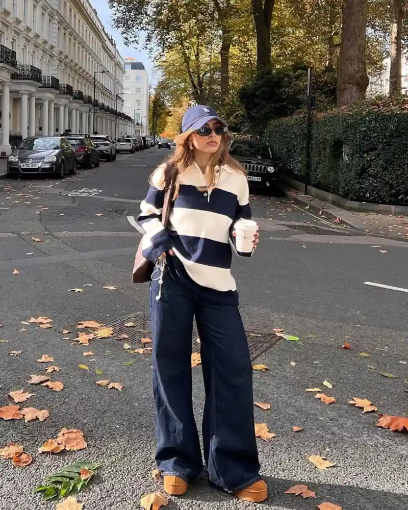 Striped Polo Sweater With Wide-Leg Jeans